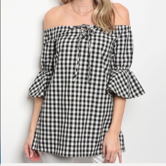 🖤Off the shoulder black and white checked top New - Picture 7 of 8